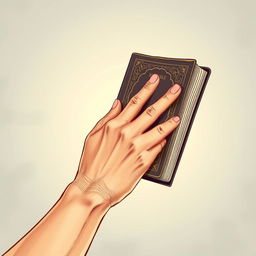 An illustration of a hand holding a Bible, showcasing intricate details of the hand's texture and the Bible's cover with ornate designs