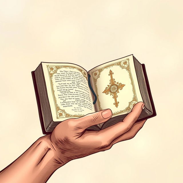 An illustration of a hand holding a Bible, showcasing intricate details of the hand's texture and the Bible's cover with ornate designs