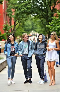 A vibrant university campus scene featuring four stylish and attractive young adults, each with distinct fashion styles