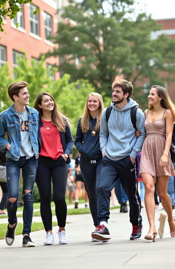 A vibrant university campus scene featuring four stylish and attractive young adults, each with distinct fashion styles