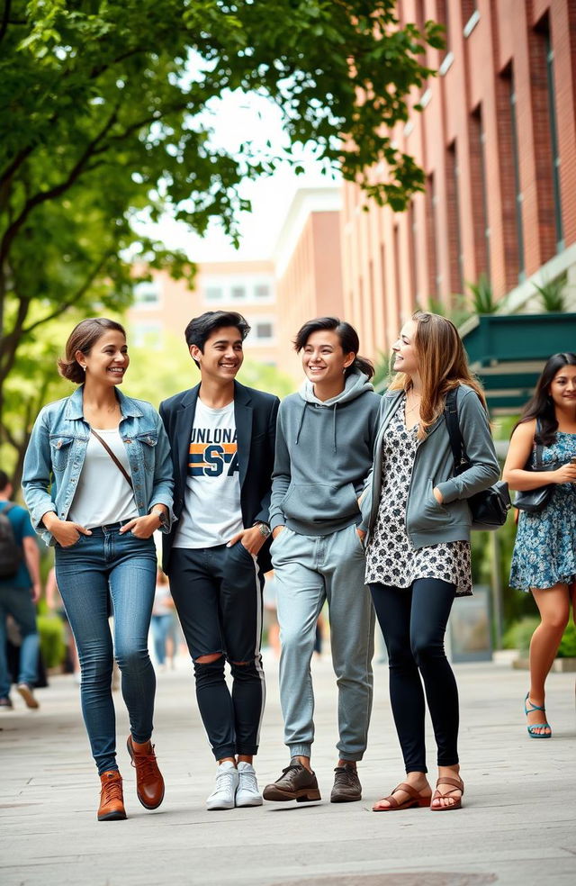 A vibrant university campus scene featuring four stylish and attractive young adults, each with distinct fashion styles