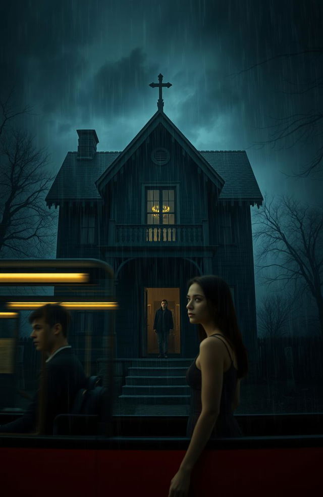 A mysterious and eerie old house shrouded in darkness, almost imperceptible, with stormy clouds and heavy rain pouring down, creating an atmosphere filled with suspense