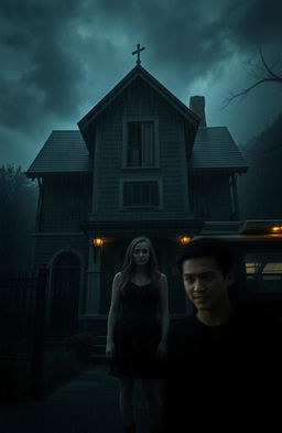 A mysterious and eerie old house shrouded in darkness, almost imperceptible, with stormy clouds and heavy rain pouring down, creating an atmosphere filled with suspense