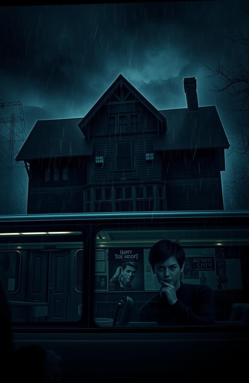 A mysterious and eerie old house shrouded in darkness, almost imperceptible, with stormy clouds and heavy rain pouring down, creating an atmosphere filled with suspense