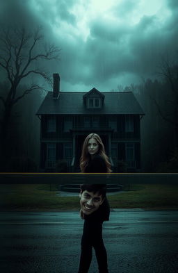 A mysterious and eerie old house shrouded in darkness, almost imperceptible, with stormy clouds and heavy rain pouring down, creating an atmosphere filled with suspense