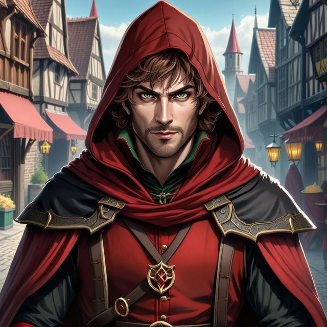 A curly brown-haired middle-aged rogue character with one red eye and one green eye, dressed in a hooded medieval outfit featuring shades of red, black, and gold