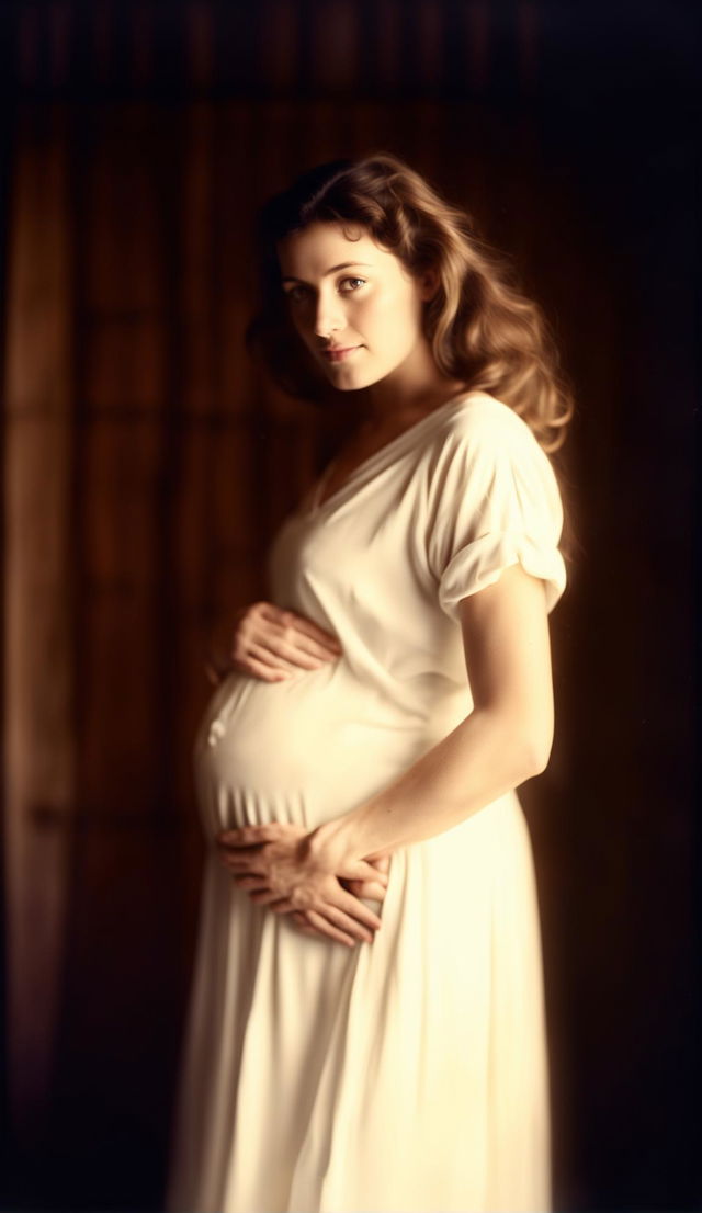 A photograph by Margaret Cameron featuring a young pregnant woman in a white dress, standing slightly angled with hands on her belly, expressing serenity and joy.