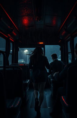 In a dark, almost invisible old house, during a very stormy and rainy day, a young woman is depicted running through pouring rain, desperately trying to seize her last chance to return home
