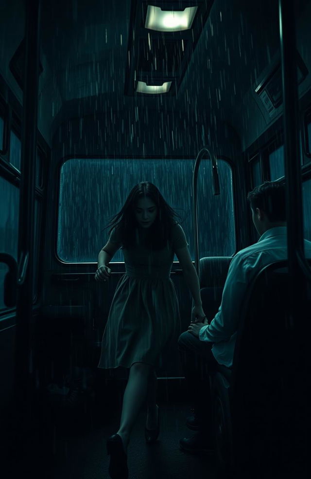 In a dark, almost invisible old house, during a very stormy and rainy day, a young woman is depicted running through pouring rain, desperately trying to seize her last chance to return home