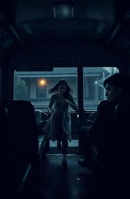 In a dark, almost invisible old house, during a very stormy and rainy day, a young woman is depicted running through pouring rain, desperately trying to seize her last chance to return home