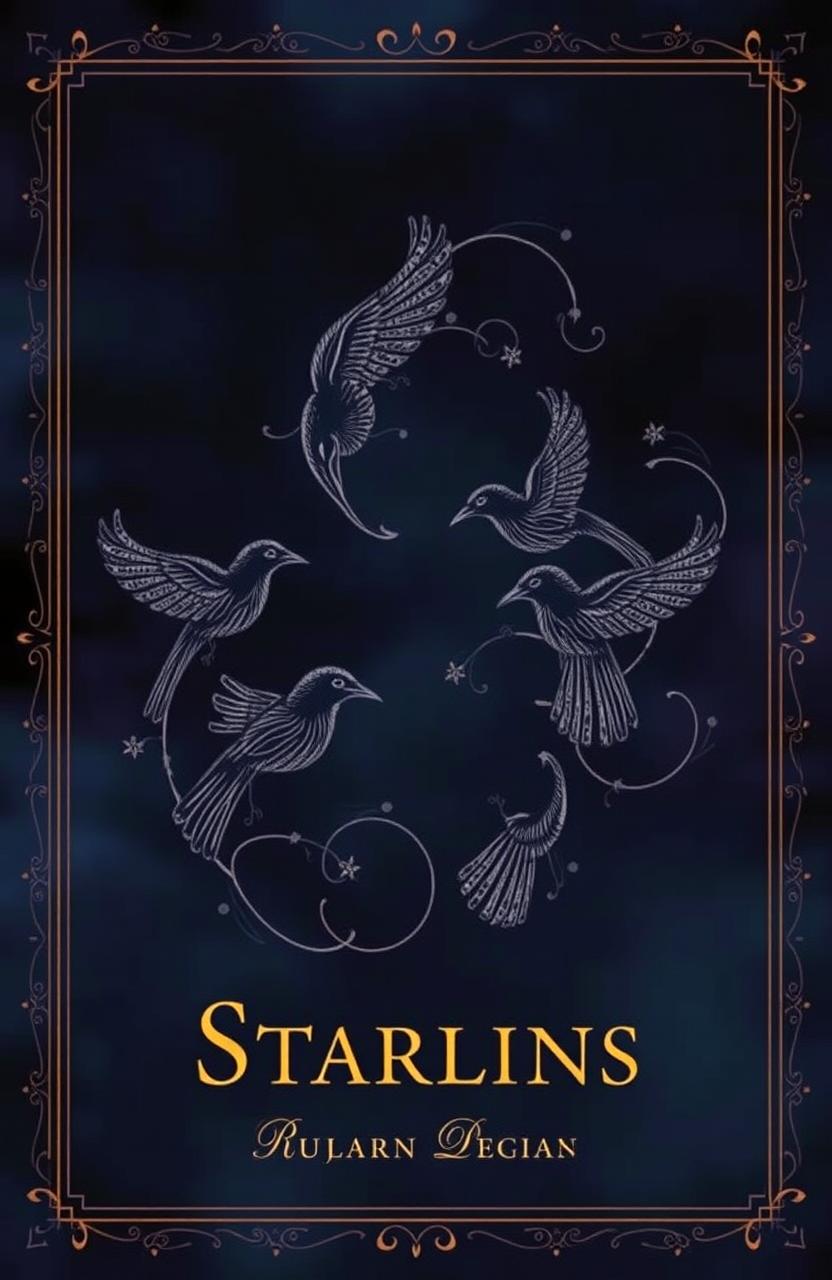 A moody book cover featuring intricate Starling motifs, beautifully balanced in composition