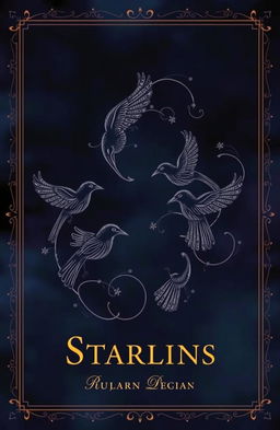 A moody book cover featuring intricate Starling motifs, beautifully balanced in composition