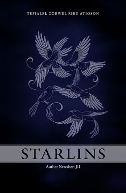 A moody book cover featuring intricate Starling motifs, beautifully balanced in composition