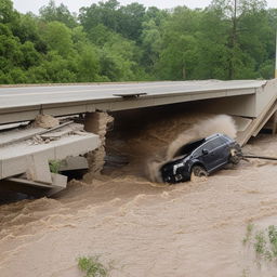 An SUV tossed about amidst the wreckage of a one-lane, road-level bridge that has been destroyed by a powerful flood.