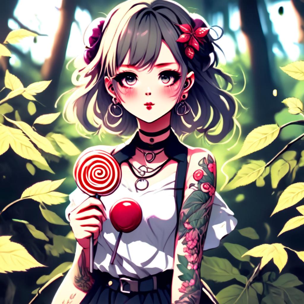 Beautiful anime grunge girl with face tattoos and lollipop, adorned in leaves, standing amidst nature.