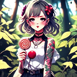 Beautiful anime grunge girl with face tattoos and lollipop, adorned in leaves, standing amidst nature.