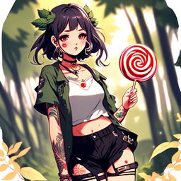 Beautiful anime grunge girl with face tattoos and lollipop, adorned in leaves, standing amidst nature.