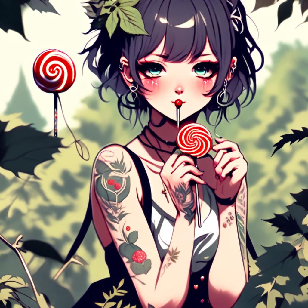 Beautiful anime grunge girl with face tattoos and lollipop, adorned in leaves, standing amidst nature.