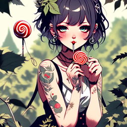 Beautiful anime grunge girl with face tattoos and lollipop, adorned in leaves, standing amidst nature.