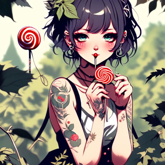 Beautiful anime grunge girl with face tattoos and lollipop, adorned in leaves, standing amidst nature.