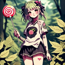 Beautiful anime grunge girl with face tattoos and lollipop, adorned in leaves, standing amidst nature.