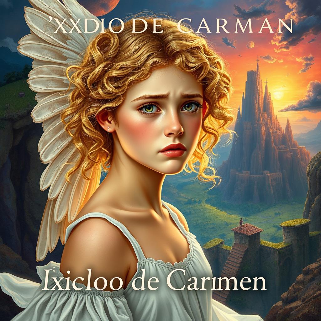 A book cover for the bildungsroman "Óxido de Carmen", featuring a beautiful young woman with fair skin and golden curly hair