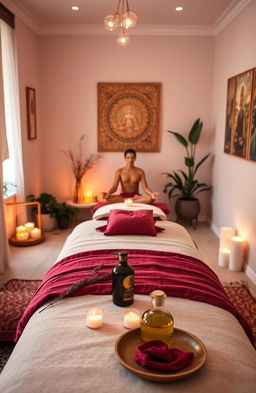 A serene and inviting room designed for a tantra massage, featuring soft lighting with candles, richly textured fabrics, and a massage table adorned with vibrant cushions