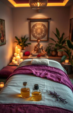 A serene and inviting room designed for a tantra massage, featuring soft lighting with candles, richly textured fabrics, and a massage table adorned with vibrant cushions