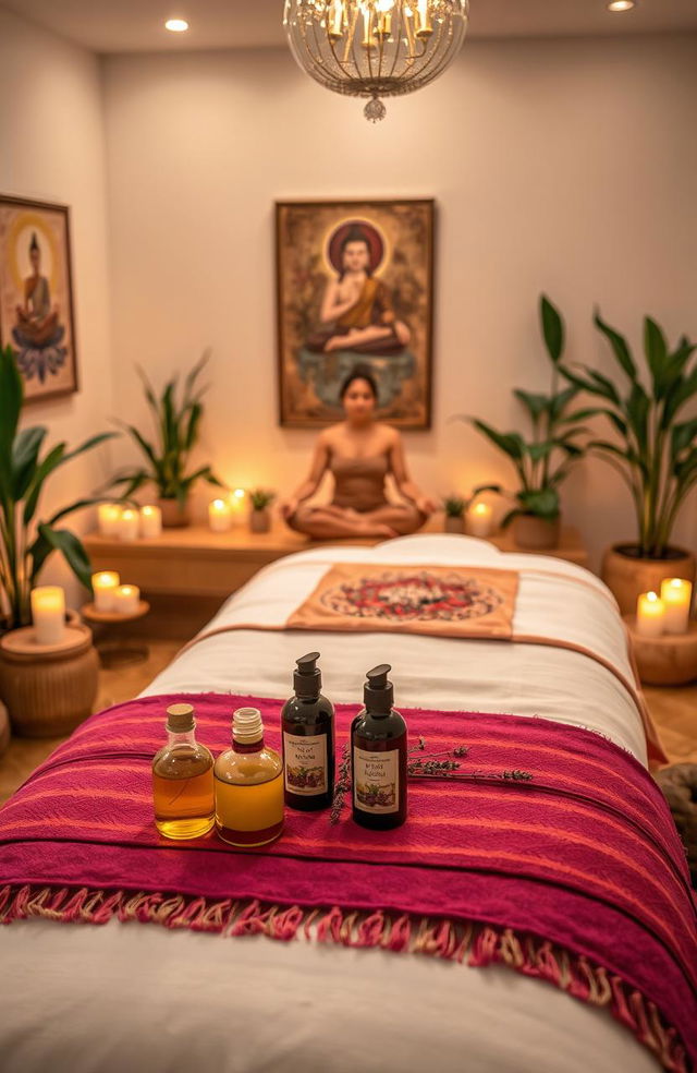 A serene and inviting room designed for a tantra massage, featuring soft lighting with candles, richly textured fabrics, and a massage table adorned with vibrant cushions