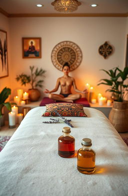A serene and inviting room designed for a tantra massage, featuring soft lighting with candles, richly textured fabrics, and a massage table adorned with vibrant cushions