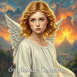 A book cover for the bildungsroman "Óxido de Carmen", featuring a young woman with fair skin and golden curly hair, displaying an angelic yet sorrowful expression