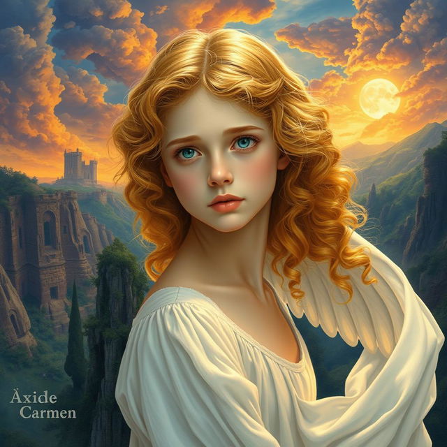 A book cover for the bildungsroman "Óxido de Carmen", featuring a young woman with fair skin and golden curly hair, displaying an angelic yet sorrowful expression