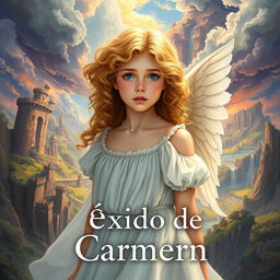 A book cover for the bildungsroman "Óxido de Carmen", featuring a young woman with fair skin and golden curly hair, displaying an angelic yet sorrowful expression