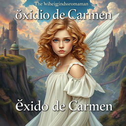 A book cover for the bildungsroman "Óxido de Carmen", featuring a young woman with fair skin and golden curly hair, displaying an angelic yet sorrowful expression