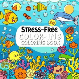 A cover for a stress-free coloring book featuring a vibrant scene of marine animals in a cartoon style