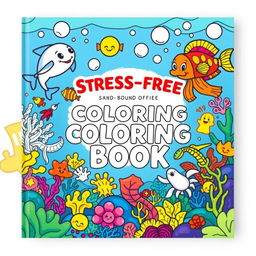 A cover for a stress-free coloring book featuring a vibrant scene of marine animals in a cartoon style