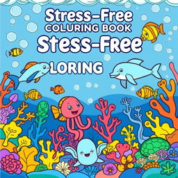 A cover for a stress-free coloring book featuring a vibrant scene of marine animals in a cartoon style
