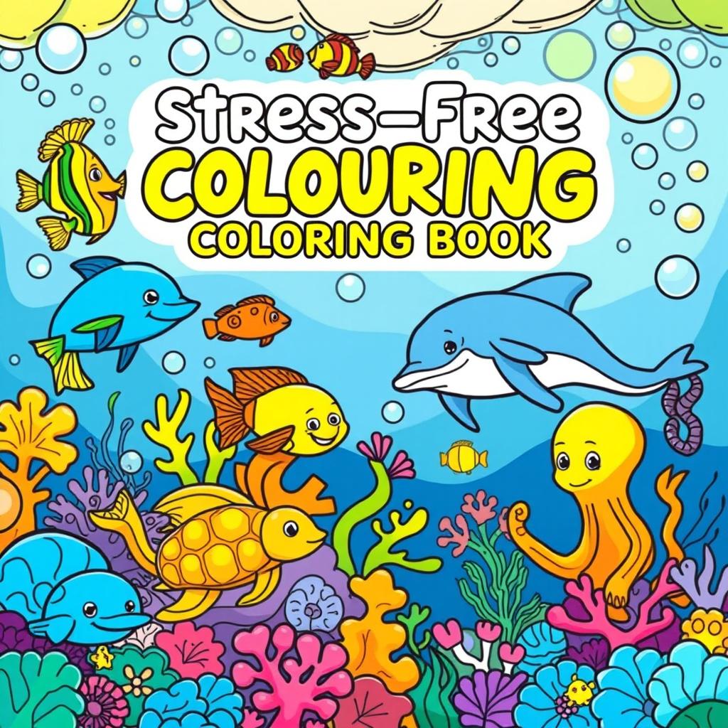 A cover for a stress-free coloring book featuring a vibrant scene of marine animals in a cartoon style