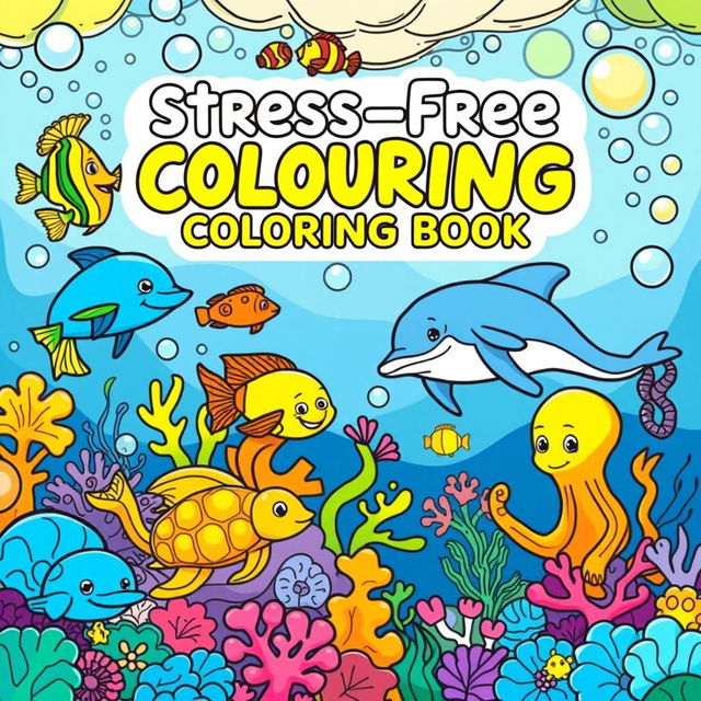 A cover for a stress-free coloring book featuring a vibrant scene of marine animals in a cartoon style