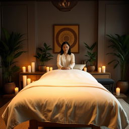A serene and tranquil setting for learning tantra massage, featuring a beautifully arranged massage space with a plush massage table, adorned with soft, inviting linens