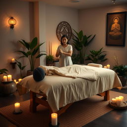 A serene and tranquil setting for learning tantra massage, featuring a beautifully arranged massage space with a plush massage table, adorned with soft, inviting linens