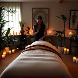 A serene and tranquil setting for learning tantra massage, featuring a beautifully arranged massage space with a plush massage table, adorned with soft, inviting linens