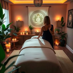 A serene and tranquil setting for learning tantra massage, featuring a beautifully arranged massage space with a plush massage table, adorned with soft, inviting linens
