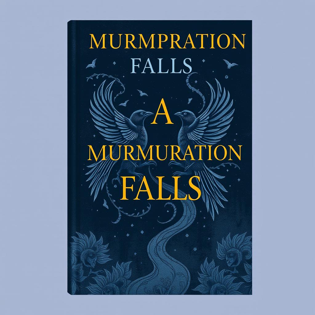 A moody book cover for "A Murmuration Falls" featuring a cool-toned color palette of deep blues, soft grays, and muted purples, creating a mysterious and atmospheric feel