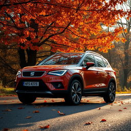 A SEAT Arona SUV car parked on a scenic road, surrounded by trees adorned with vibrant fallen leaves showcasing warm autumn colors