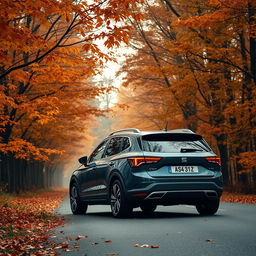 A SEAT Arona SUV car parked on a scenic road, surrounded by trees adorned with vibrant fallen leaves showcasing warm autumn colors