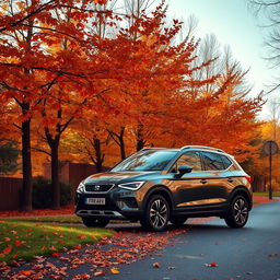 A SEAT Arona SUV car parked on a scenic road, surrounded by trees adorned with vibrant fallen leaves showcasing warm autumn colors