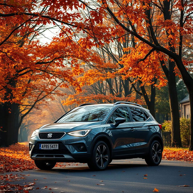 A SEAT Arona SUV car parked on a scenic road, surrounded by trees adorned with vibrant fallen leaves showcasing warm autumn colors