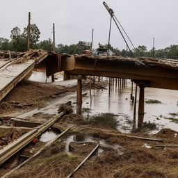 An SUV tossed about amidst the wreckage of a one-lane, road-level bridge that has been destroyed by a powerful flood.