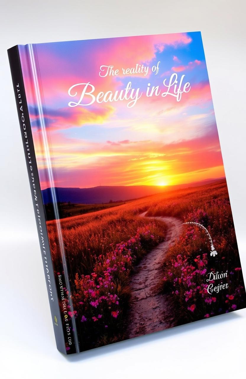 A captivating book cover depicting the beauty of life, featuring a serene landscape at sunrise with vibrant colors of orange, pink, and blue in the sky